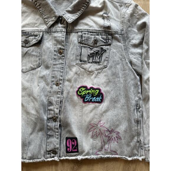 MTV VTG STYLE 2020 Distressed Gray Denim Jean Jacket Embroidered Patch XXXL(21) - Picture 8 of 9